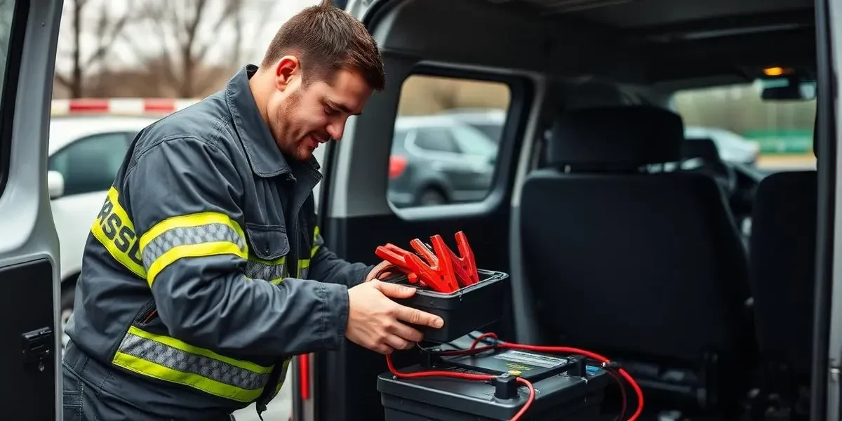 Portable jump pack connected to a 12V battery in a Euless parking lot