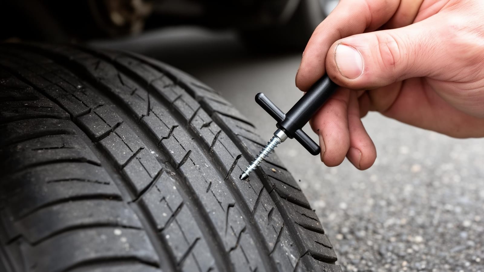 Mechanic plugging a screw puncture in a car tire on asphalt